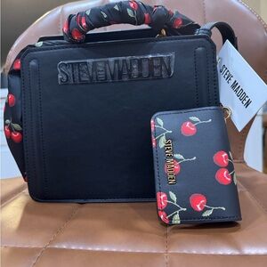 Steve Madden Black Handbag with Red Cherry-Print Cardholder